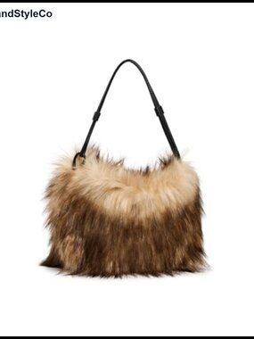 Faux Fox Fur Satchel Bag with Adjustable Leather Straps, Structured Top Handle